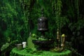 absinthe drip fountain against a lush green backdrop