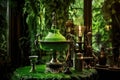 absinthe drip fountain against a lush green backdrop