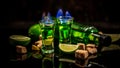 Absinthe or mint liquor shot. green bitter wormwood tincture in glasses. absinthe shots with sugar cubes Royalty Free Stock Photo