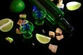Absinthe poured into a glass. absinthe shots with sugar cubes. Bottle of absinthe and glasses with burning. free space for text. Royalty Free Stock Photo