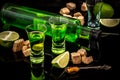 Absinthe shots with sugar cubes and lime isolated on black background Royalty Free Stock Photo