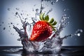 image portrays a ripe strawberry, its surface adorned with glistening water droplets in a fantastical setting