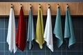 Absorbent Kitchen colorful towels hanging on rack. Generate AI