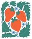 Absract poster with retro strawberry and flowers, leaf on isolated background. Modern trippy poster