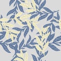 Absract seamless pattern with navy blue and light yellow leaves branches random print