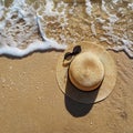 Absstract background of straw hat and sunglasses on sandy beach by ocean. Royalty Free Stock Photo
