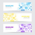 Abstract Pixel Square Element Banner Template. Spread and Random Layout. Blue, yellow, purple.