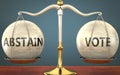 Abstain and vote staying in balance - pictured as a metal scale with weights and labels abstain and vote to symbolize balance and