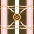 Abstarct seamless pattern with trendy checkered print, gold chain, heart pendant and belts.