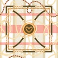 Abstarct seamless pattern with trendy checkered print, gold chain, rope, heart pendant and belts.