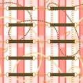 Abstarct seamless pattern with trendy checkered print, golden chains, rope, heart pendant and belts.