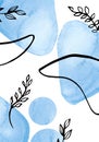 Abstarct wall art watercolor blue background. Blue Hand drawn shapes, splash, doodle, line art floral leaves, golden spot for wall