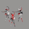 Vector three silhouettes of a cartoon ballerina with an abstract bright white, black and red geometric pattern in a dance pose. Royalty Free Stock Photo