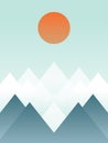 Abstrac winter mountain landscape vector illustration. Snowy hills with orange sun. Artistic poster or card.