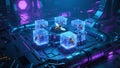 Cybernetic Apiary Genetically Engineered Honeybees Monitored in Glowing Technological Containment Units within a Futuristic Labora Royalty Free Stock Photo
