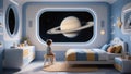 Dreamy child in futuristic bedroom gazes at majestic Saturn through spaceship window, inspiring cosmic exploration and imaginative Royalty Free Stock Photo