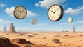 A surreal concept illustrating the passage of time with vintage clocks floating over a vast desert landscape Royalty Free Stock Photo