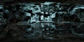 Abstract abandoned industry hall and glowing particles 360 degree panorama 3d render illustration with equi rectangular