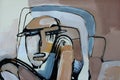 Abstract woman face in the painting in brown and gray shades