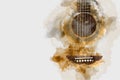 Abstract acoustic guitar on foreground watercolor illustration painting background.