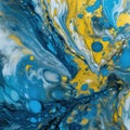 Abstract acrylic background. Blue and yellow fantastic wavy pattern. Art marble texture.