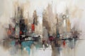 Abstract acrylic cityscape painting, light brown, magenta, light red, blues