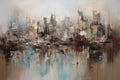 Abstract acrylic cityscape painting, light brown, magenta, light red, blues Royalty Free Stock Photo