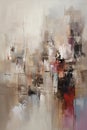 Abstract acrylic cityscape painting, light brown, magenta, light red, blues
