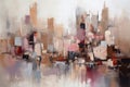 Abstract acrylic cityscape painting, light brown, magenta, light red, blues Royalty Free Stock Photo