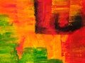 Abstract acrylic painting in red, orange and green colors. Royalty Free Stock Photo