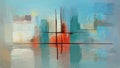 Abstract acrylic painting. Surreal colorful landscape artwork in contemporary style with reflections. Modern art on sky blue backg