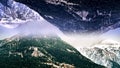 Abstract aerial landscape of two snowy mountains with the mirror effect. Animation. Surreal upside down mirrored world