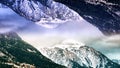 Abstract aerial landscape of two snowy mountains with the mirror effect. Animation. Surreal upside down mirrored world