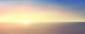 Abstract aerial panoramic view of sunrise over ocean. Nothing but blue bright sky and deep dark water. Beautiful serene scene.