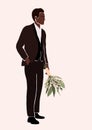 Abstract african american black groom in wedding suit with wedding bouquet in hand