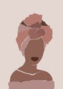 Abstract African woman portrait in minimalistic style. Black women print. Female wall art poster. African model girl of turban