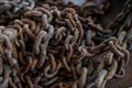 Abstract of aged, worn out and old Thick Rusty Chain. Vintage Background, selective focus, Concept Photo