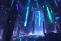 Abstract AI-generated futuristic landscape with glowing data towers, cybernetic pathways, and
