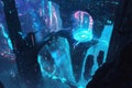 Abstract AI-generated futuristic landscape with glowing data towers, cybernetic pathways, and