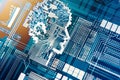 Abstract ai representation digital face merging into binary code and neural patterns