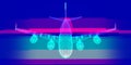 Abstract airplane 3d wireframe on blue background in glitch style. Digital grid aircraft engineering analytical concept. For tra