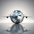 Abstract airplane globe, earth globe with aircraft wings isolated. Air travel around the world concept. Created with generative AI