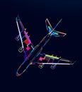 Abstract airplane, passenger plane top view, commercial aircraft from multicolored paints Royalty Free Stock Photo