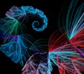 An abstract airy spiral is woven from many multicolored spider webs. The colorful spiral ends in a blue curl on a black background