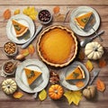 All sides dishes, pumpkin pie, fall leaves and seasonal autumnal decor on wooden background on digital art concept,