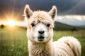 Abstract Alpaca Or Lama Portrait On Natural Farm Background Created With Generative Ai Technology