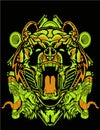 Green robot Panda bear cyberpunk robot head with cyberpunk theme with sacred geometry and floral background for poster and tshirt