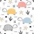 Turtle seamless pattern cute cartoon animal background for kids Hand drawn design in cartoon style. Use for fabric, textile, print Royalty Free Stock Photo