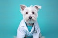 Abstract animal concept, small cute white dog in medical white coat as vet,