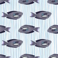 Abstract animal ocean seamless pattern with simple purple surgeon fish elements. White and blue striped background Royalty Free Stock Photo